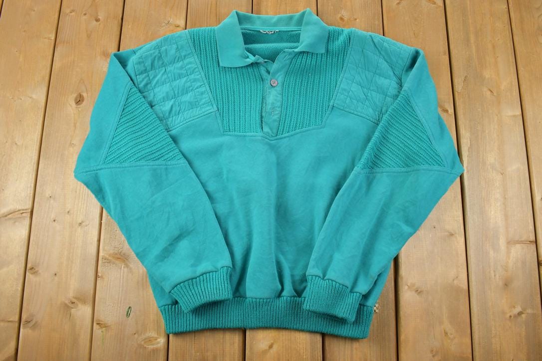 Vintage 1990s Blank Fancy Quarter Button Collared Crewneck Sweatshirt
