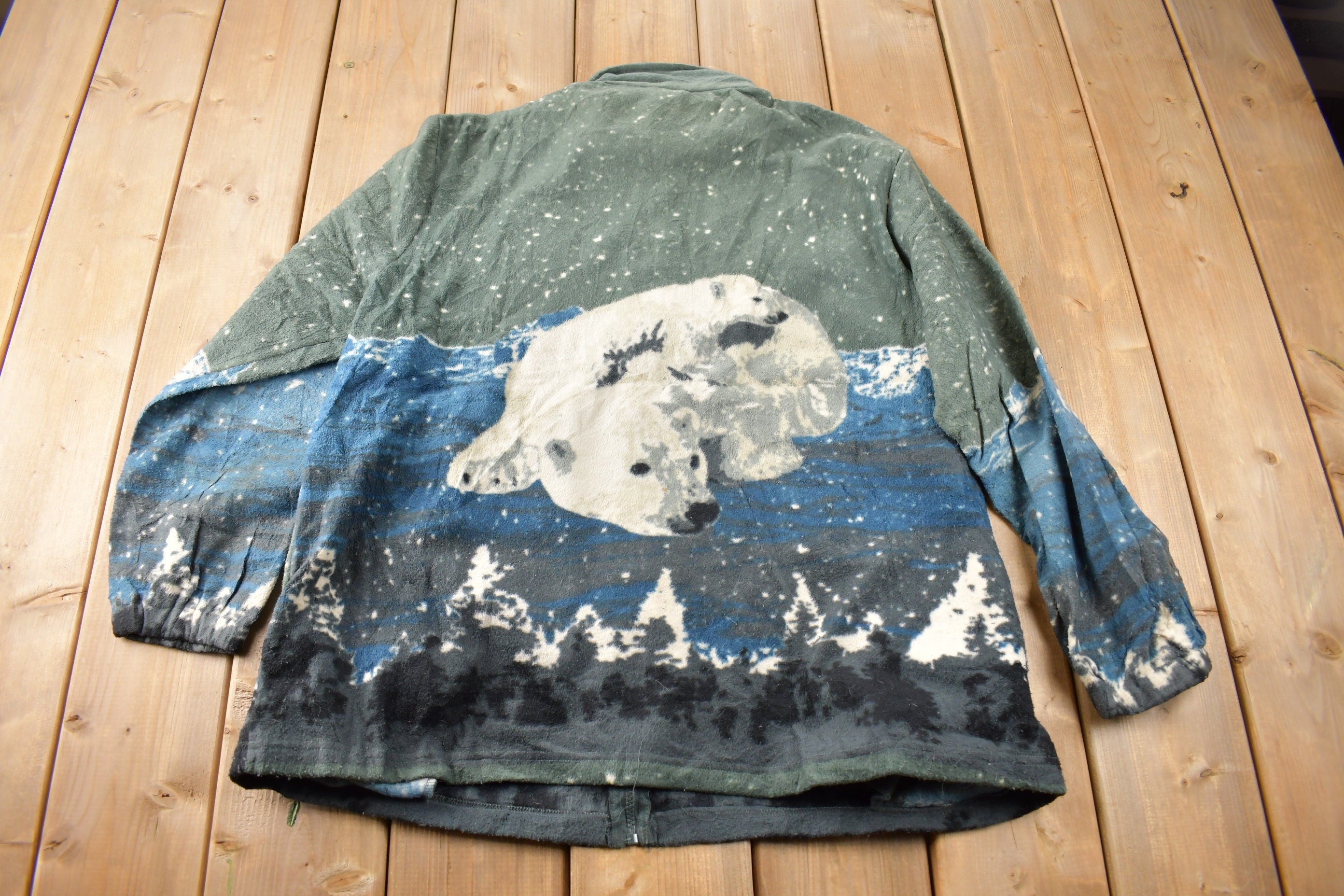 Vintage 1990s Polar Bear Graphic All Over Print Zip Up Fleece Sweater Size XL