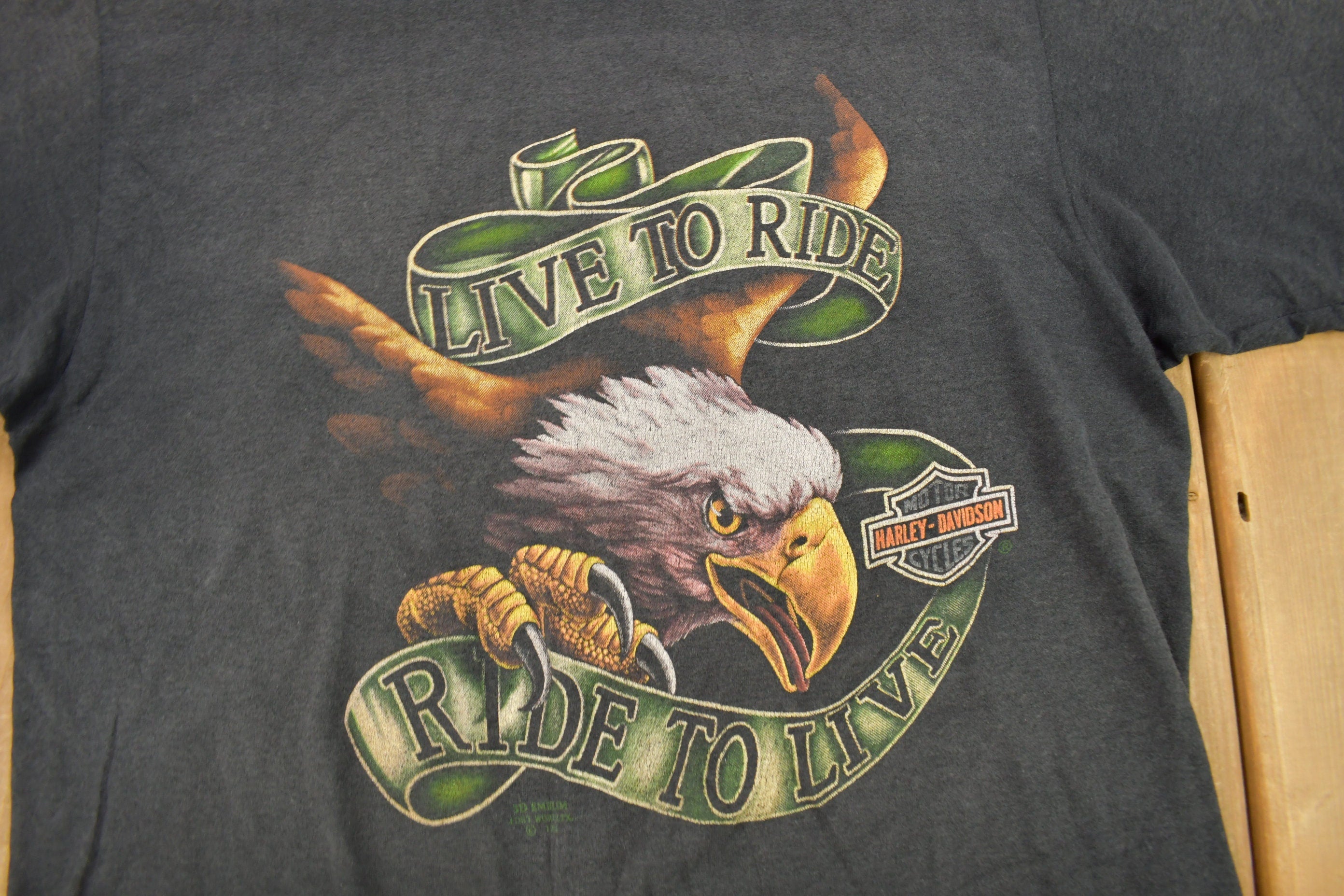 Vintage 1991 Live To Ride Ride To Live 3D Emblem Harley Davidson T-Shirt