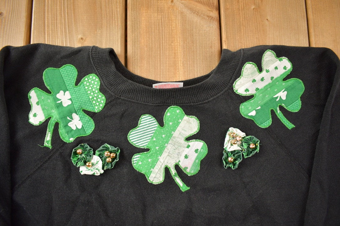 Vintage 1990s St Patricks Day Four Leaf Clover Patchwork Crewneck Sweatshirt