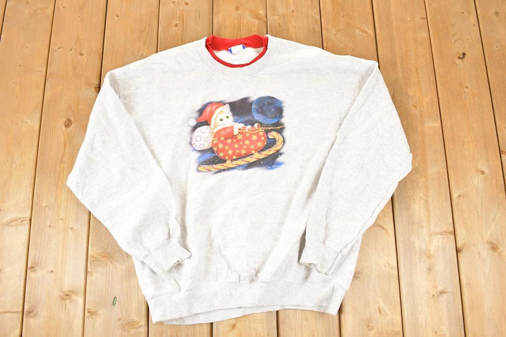 Vintage 1990s Cute Kitty Sanda Double Collar Crewneck Sweatshirt Men's L
