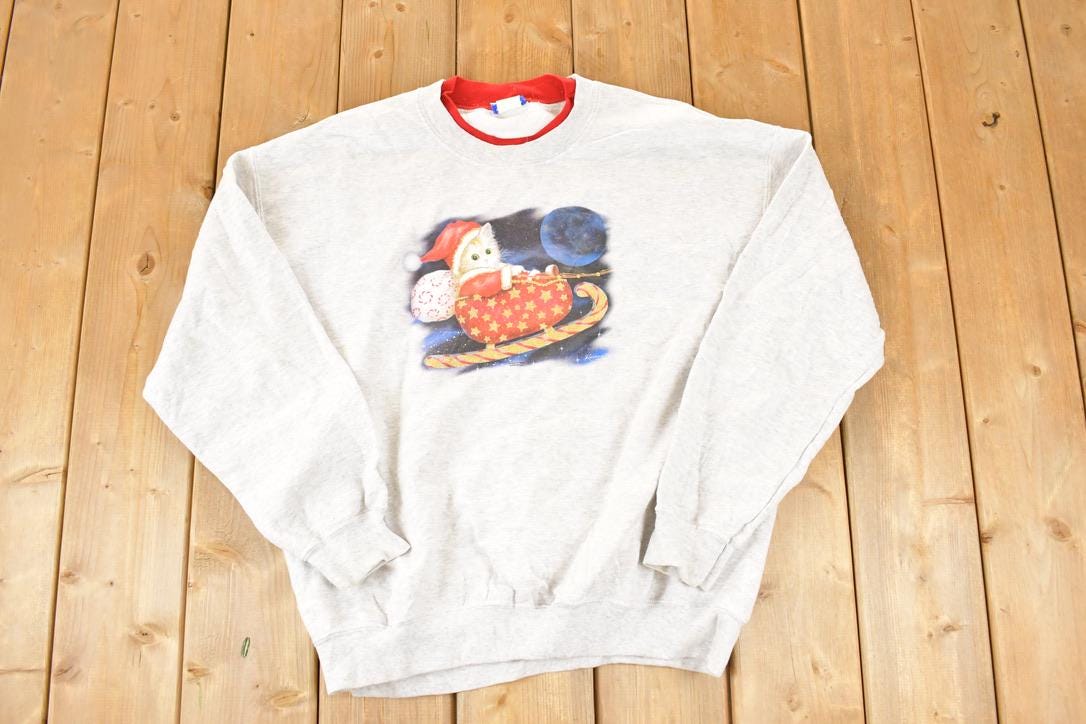 Vintage 1990s Cute Kitty Sanda Double Collar Crewneck Sweatshirt Men's L