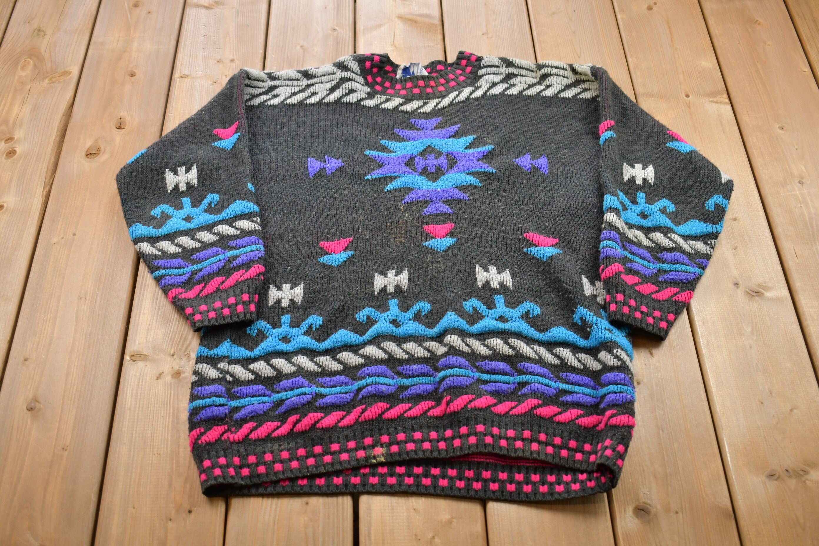 Vintage 1990s Bay Point Threads Aztec Knitted Crewneck Sweater