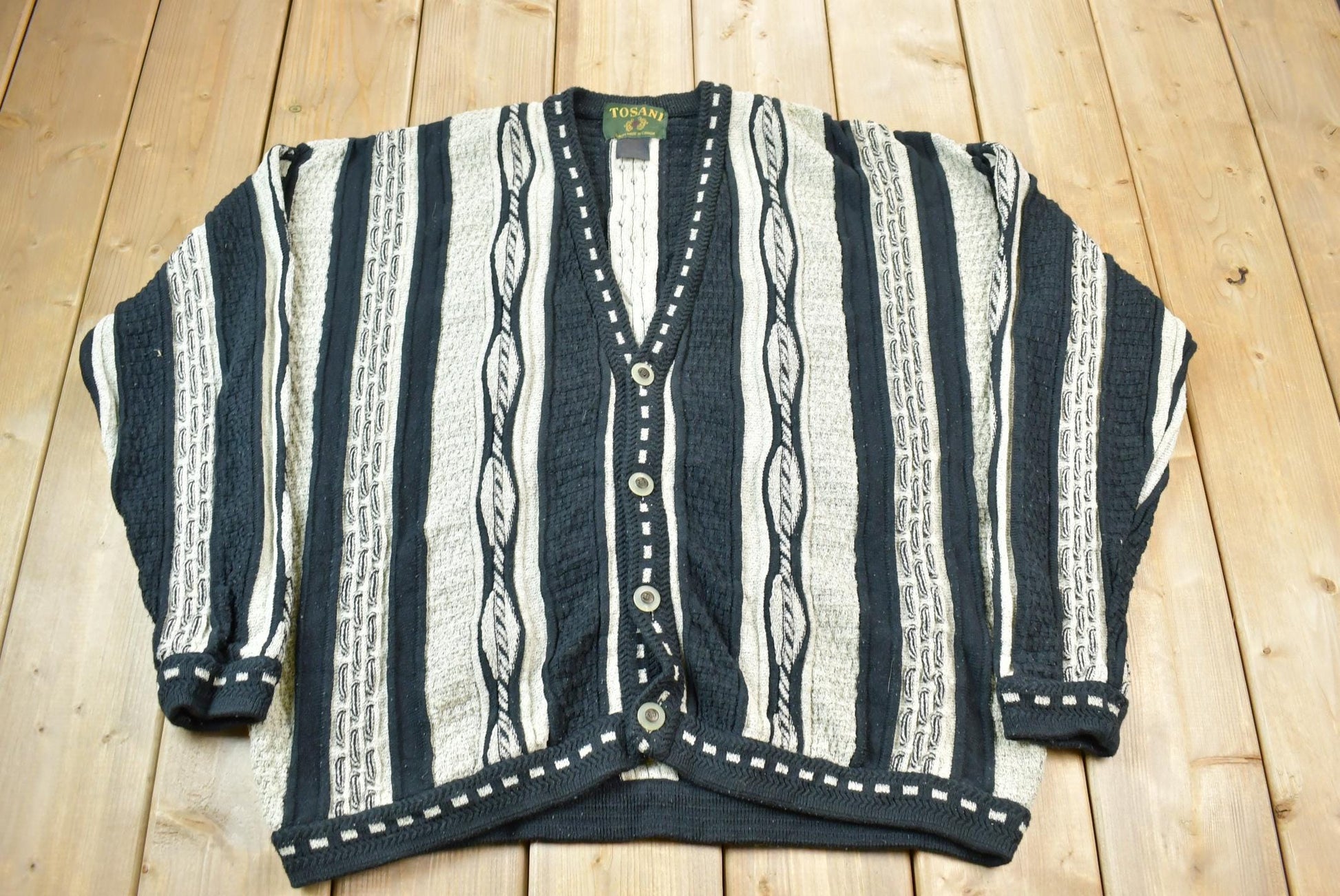 Vintage 1990s Tosani 3D Colored Cable Knit Cardigan Knit Sweater
