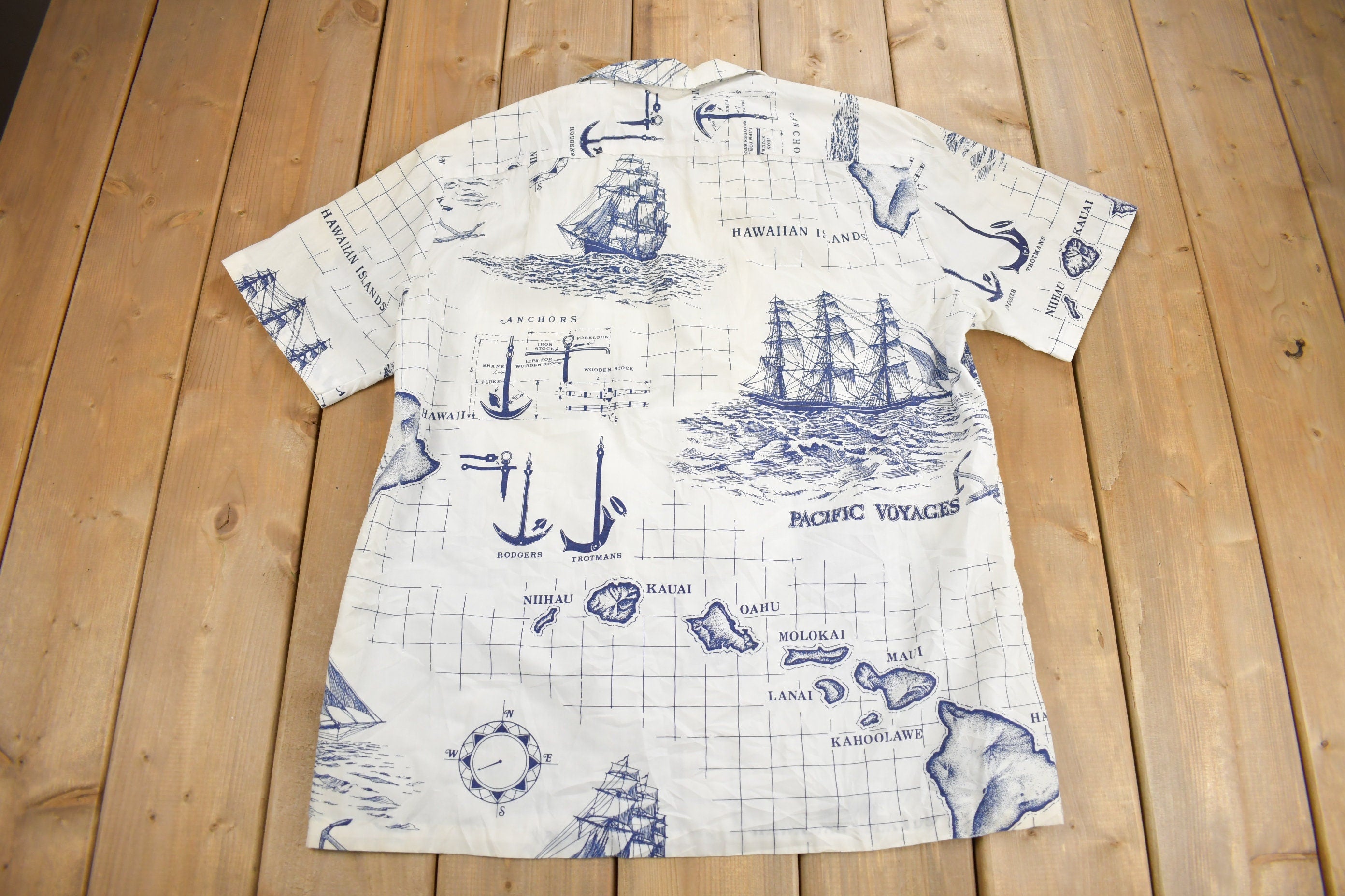 Vintage 1980s Kai Mani Hawaiian Sailing Map Theme Button Up Shirt