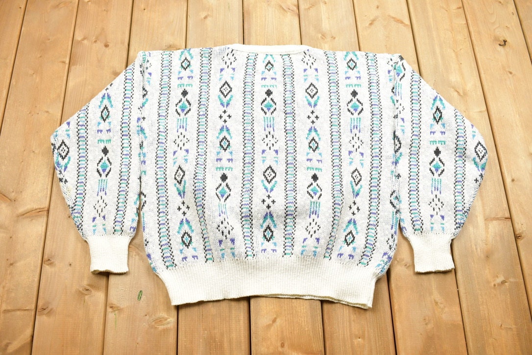 Vintage 1990s 417 Van Heusen Knitted Crewneck Sweater / Vintage 90s Crewneck / All Over Pattern / Abstract Knit/ Knit Pullover / Made in USA