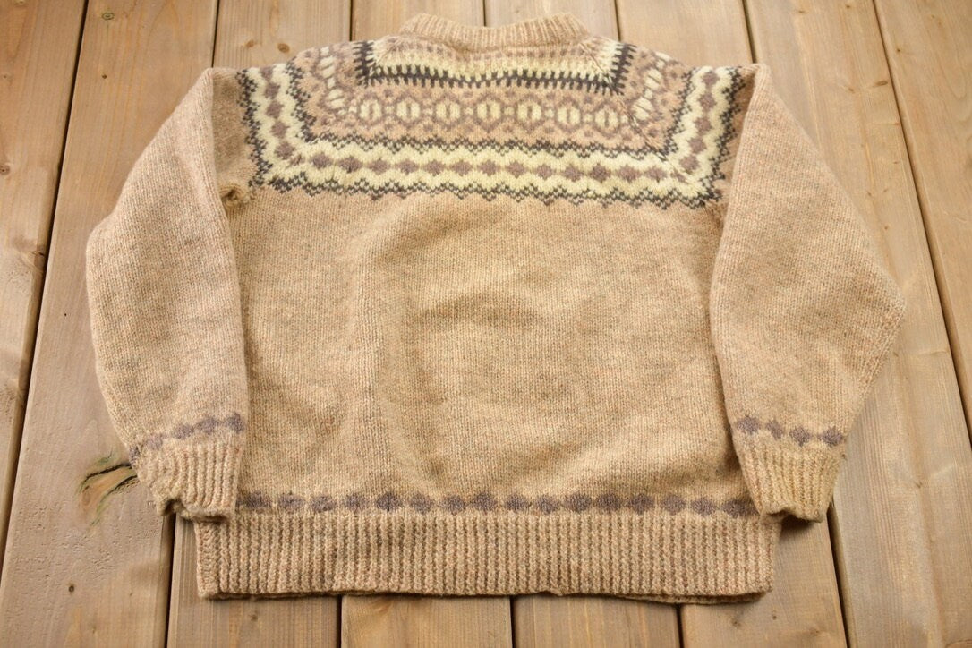 Vintage 1970s Beige Cottage Craft Knit Sweater / 100% Wool / Patterned Sweater / Button Up / Hand Knit / Made In Canada