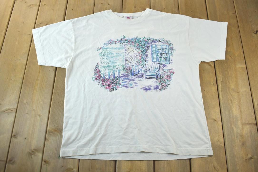 Vintage 1990s House Porch With Flowers Graphic T-Shirt