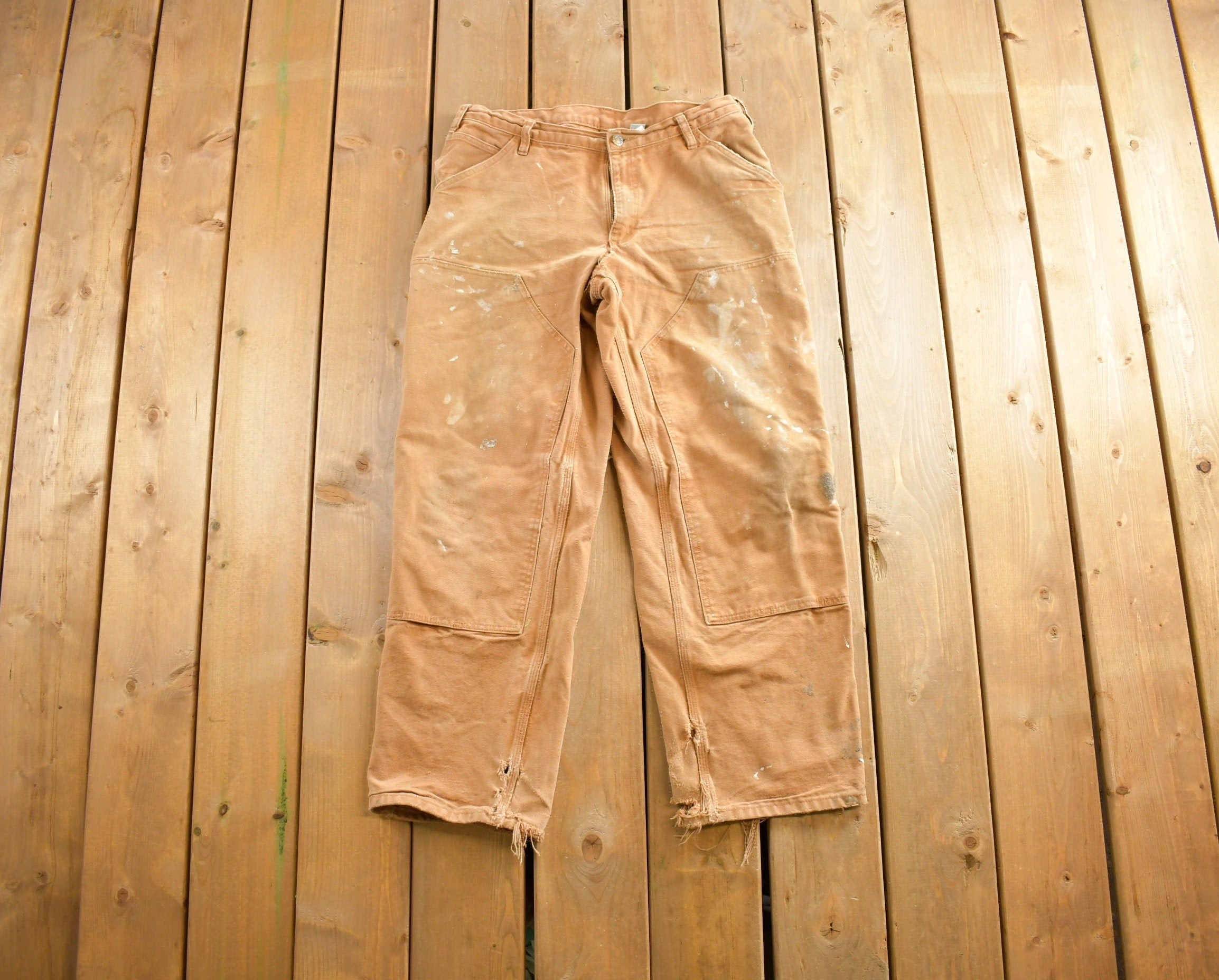 Vintage 1990s Distressed Beige Double knee Work Pants Size 34 x 32