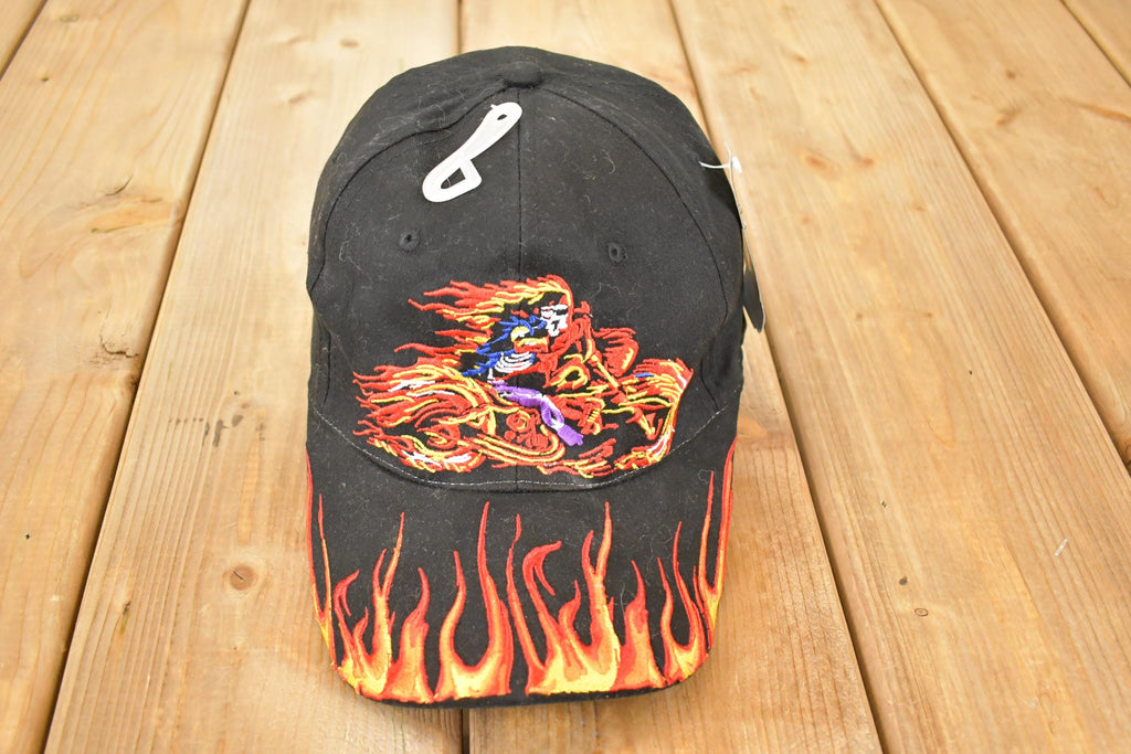 Vintage 1990s Deadstock Fire Motorcycle Man Hot Leathers Embroidered Strapback Hat
