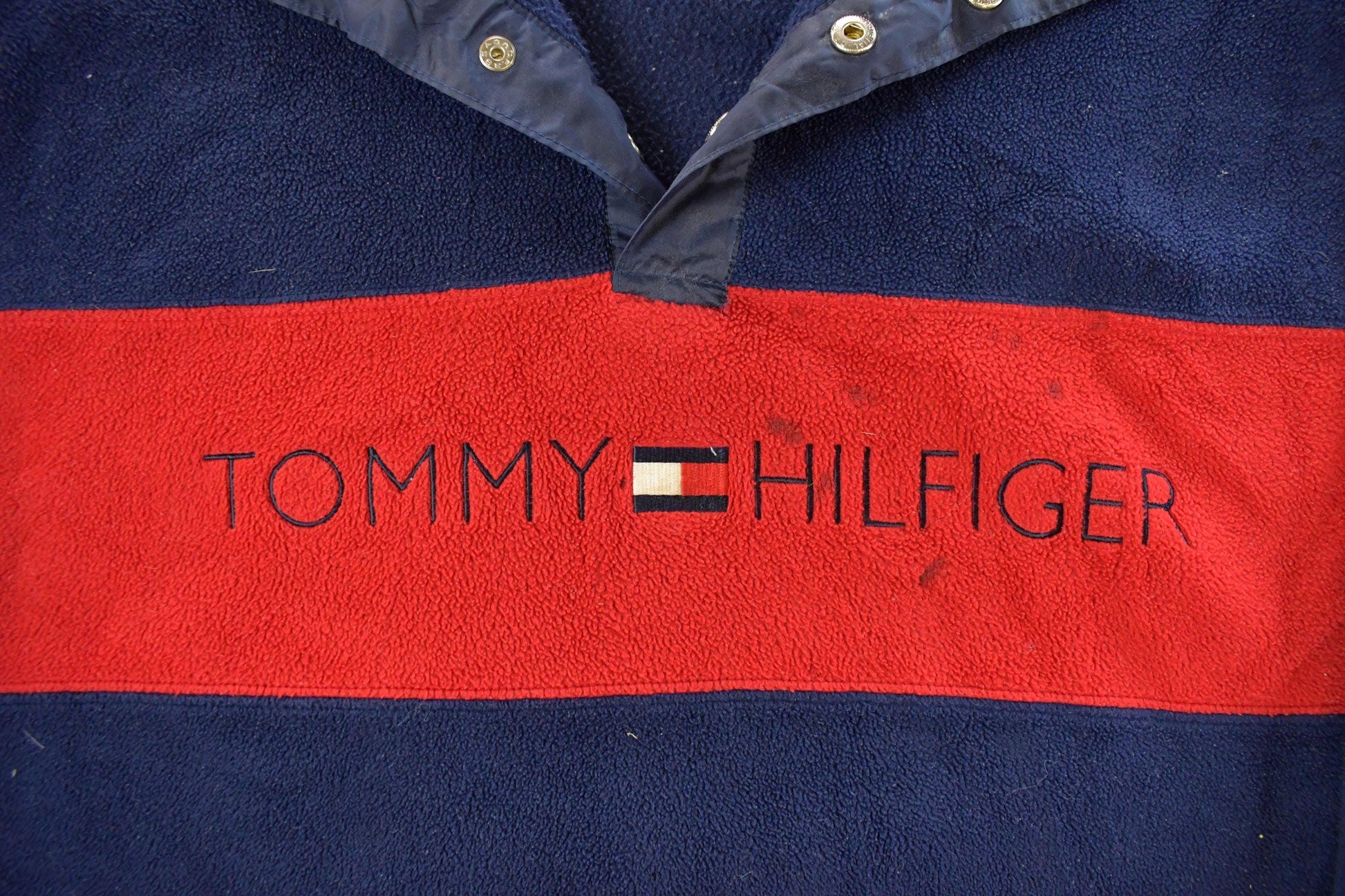 Vintage 1990s Tommy Hilfiger Flag Spellout Quarter Snap Fleece Sweater Men's XL  Vintage Tommy  90s Sweater  Streetwear  Athleisure