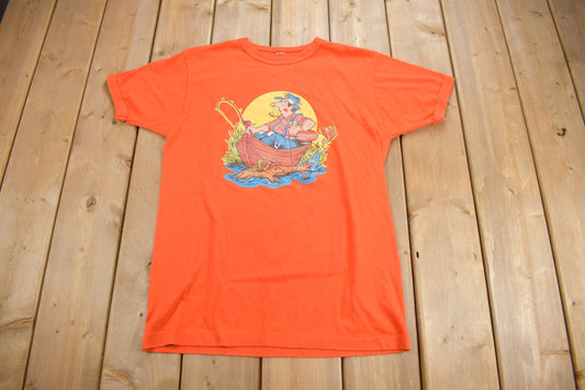 Vintage 1970s Fisherman Graphic Ringer T Shirt / Vintage T Shirt / Funny T Shirt / Graphic Tee / Single Stitch / Made In USA