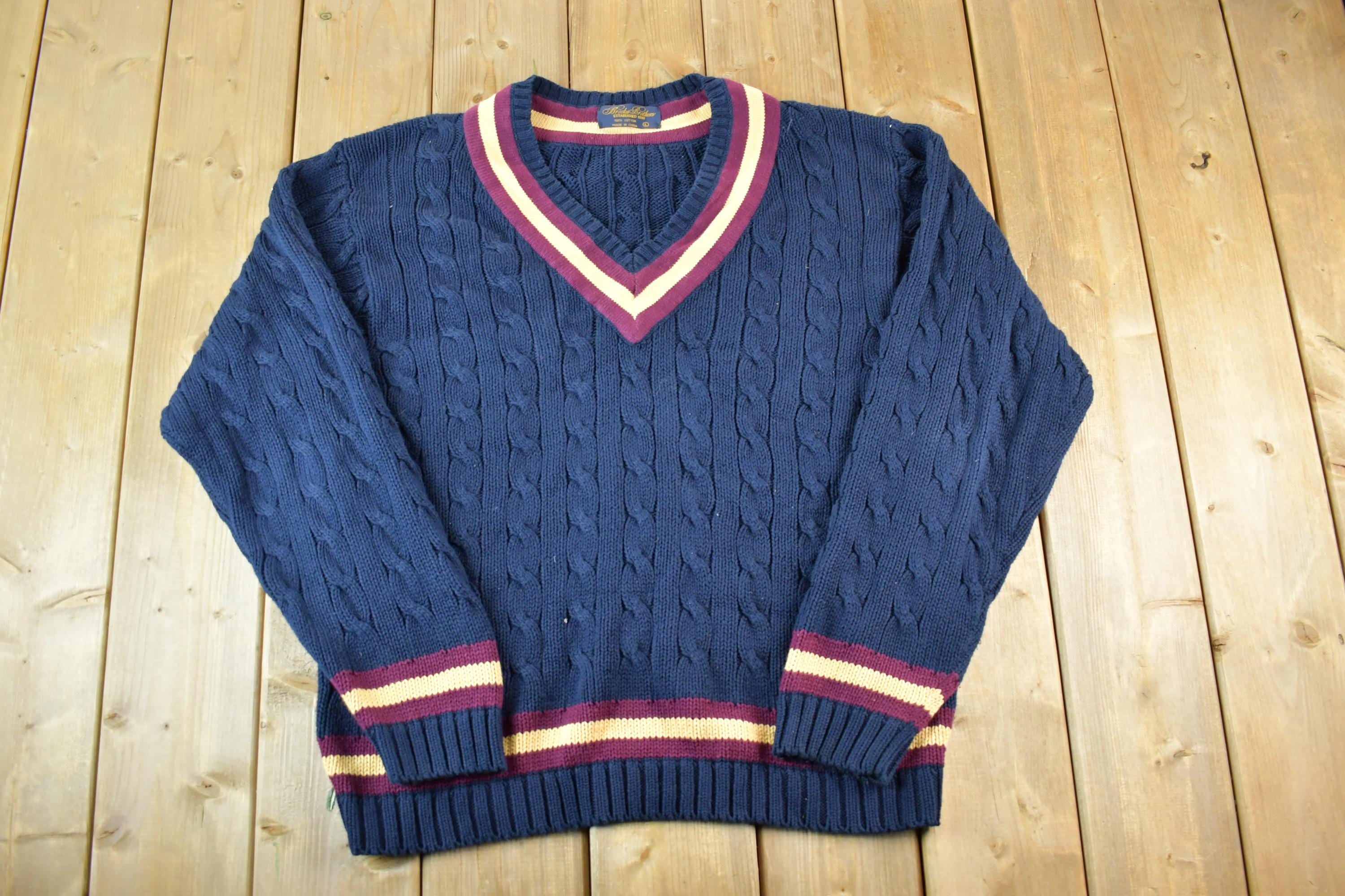 Vintage 1990s Brooks Brothers Preppy V Neck 3D Colored Cable Knit Sweater