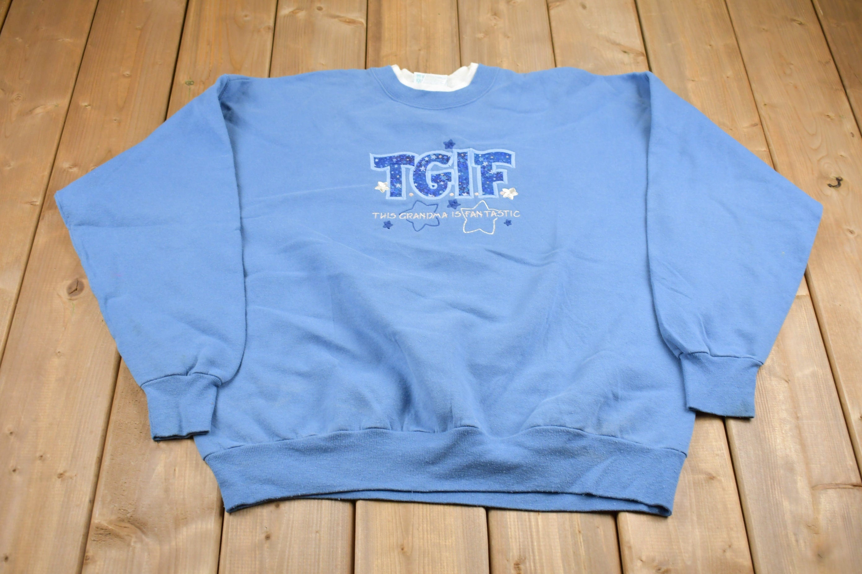 Vintage 1990s Cute Grandma Embroidered Double Collar Crewneck