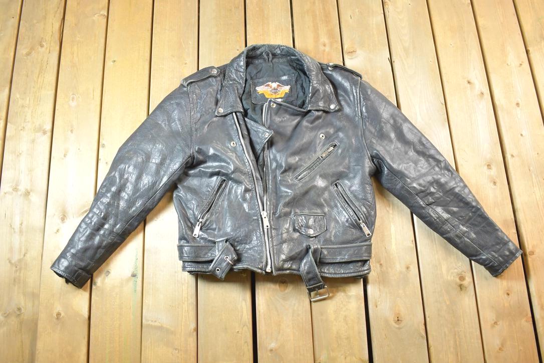 Vintage 1980s Leather Gold Harley Davidson Motorcycle Perfectly Distressed Biker Jacket Made In USA