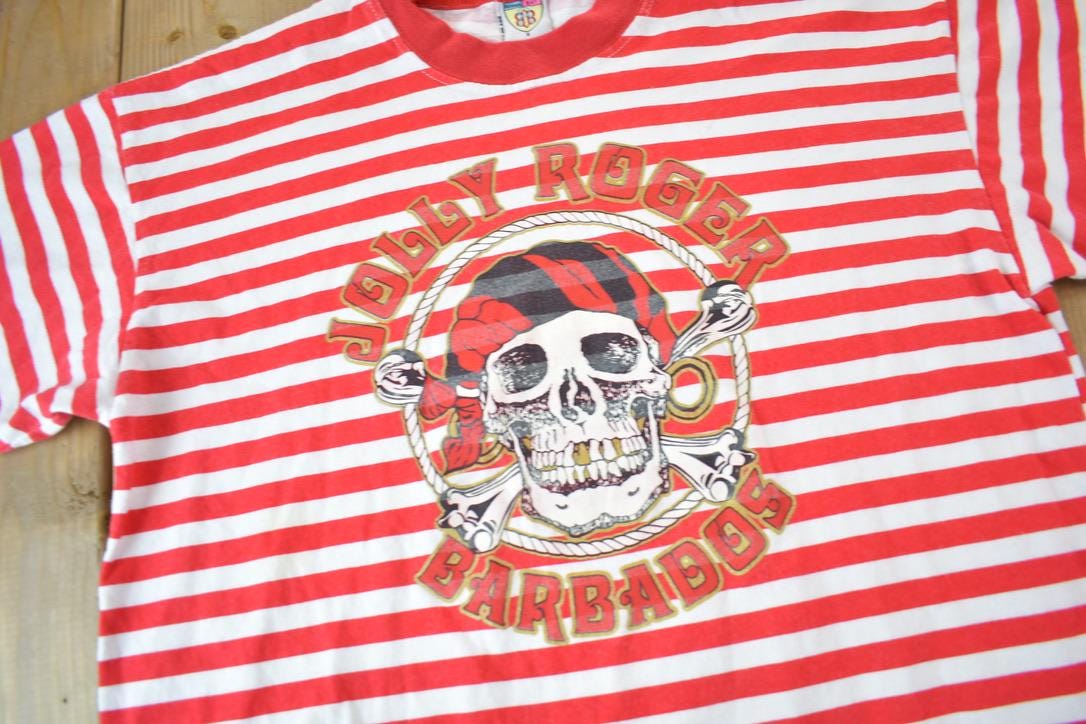 Vintage 1990s Jolly Roger Barbados Striped Souvenir Travel T-Shirt