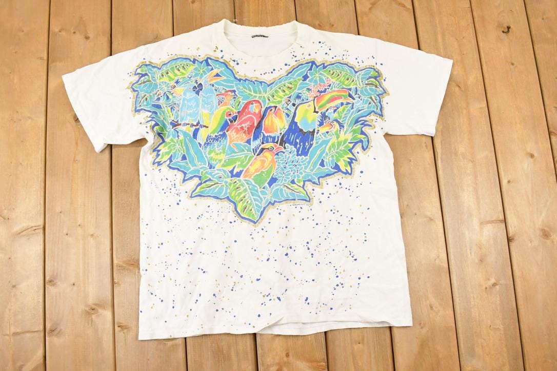 Vintage 1994 Distressed Colorful Birds Souvenir Travel T-Shirt Women's L