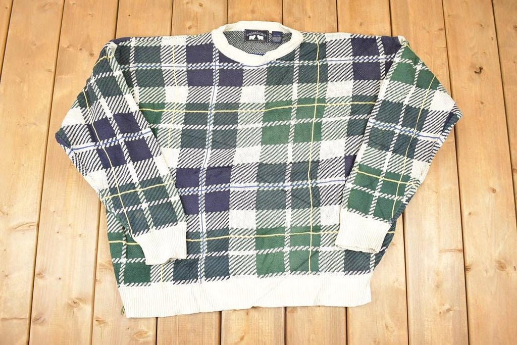 Vintage 1990s Woods And Gray Plaid Knit Crewneck Sweater Men's XL