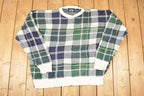 Vintage 1990s Woods And Gray Plaid Knit Crewneck Sweater Men's XL