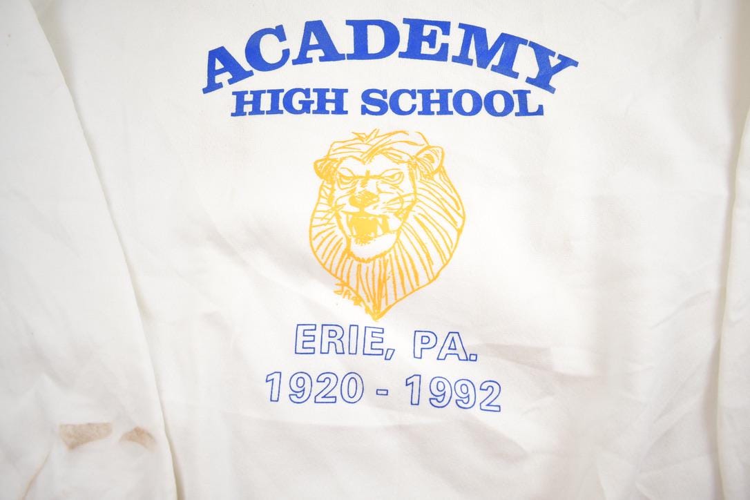 Vintage 1992 Academy Highschool Erie PA Souvenir Travel Crewneck Sweatshirt Made In USA
