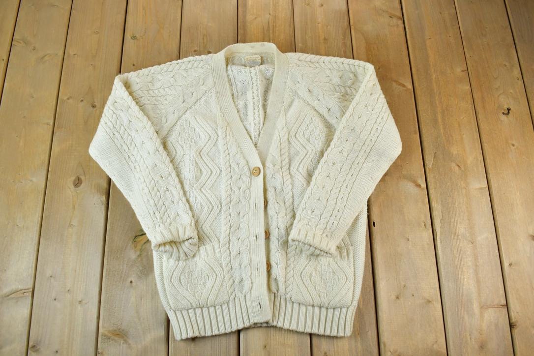 Vintage 1990s Cable Knit Perfect Mild Distress Cream Cardigan Sweater Made In USA