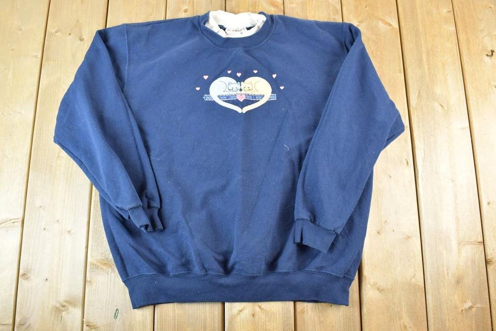 Vintage 1990s Day Breeze Cute Sleeping Kitty Double Collar Crewneck Sweater Made In USA 90s Crewneck