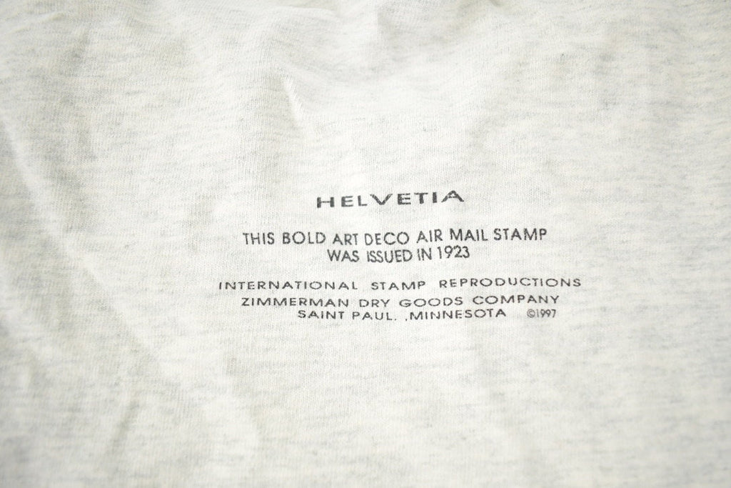 Vintage 1997 Helvetia Bold Art Deco Air Mail Stamp Graphic T Shirt Made In USA