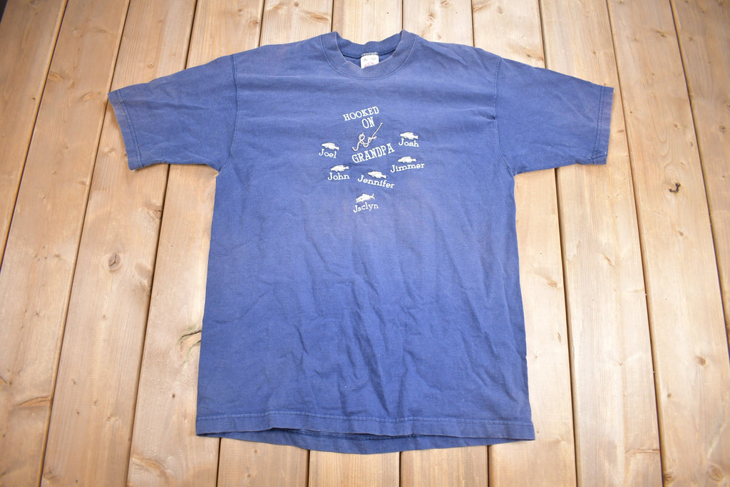 Vintage 1990s Custom Grandpa & Grandkids Fishing Theme Embroidered T Shirt