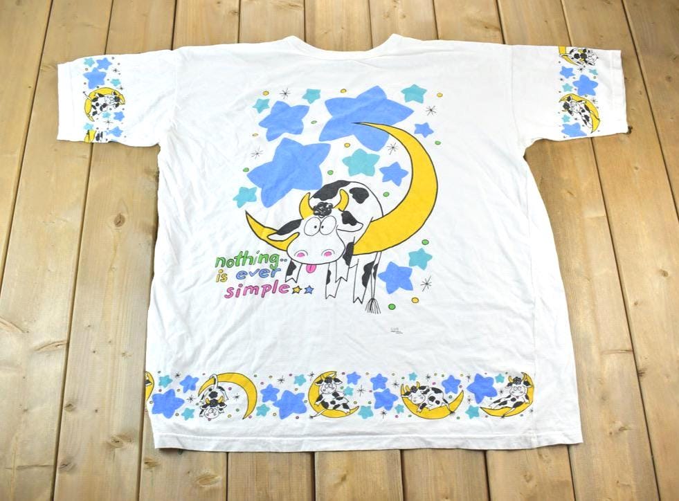 Vintage 1990s Nothing Is Ever Simple Cow Souvenir Cartoon Single Stitch Graphic Print T-Shirt / Vintage Sleepwear Streetwear / Vacation Tee