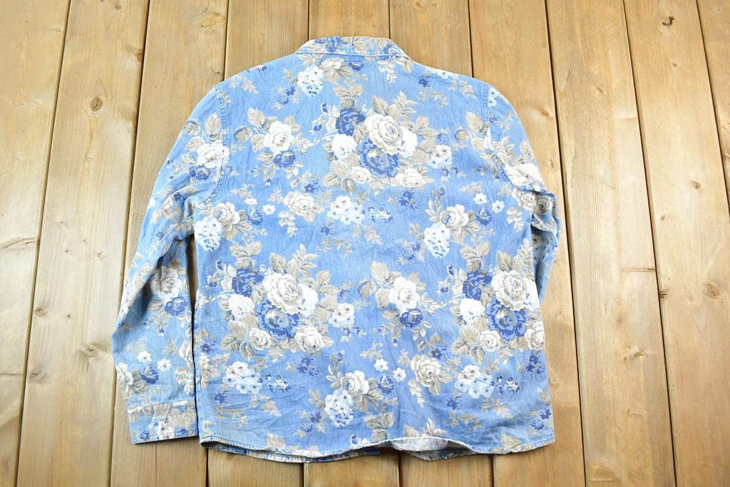 Vintage 1990s Casey And Max Denim AOP Floral Button Up Shirt Womens L