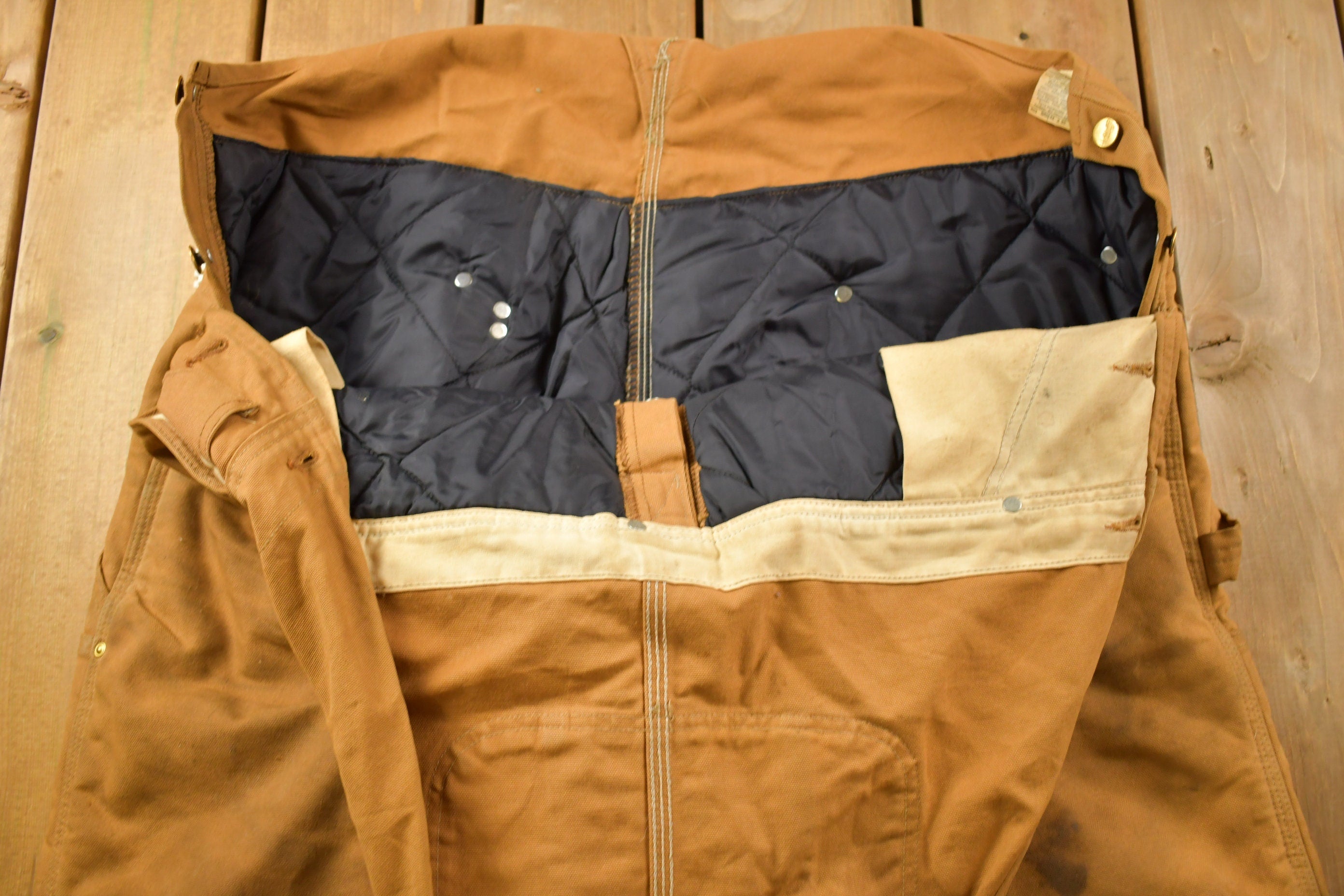 Vintage 1990s Carhartt Beige Double Knee Canvas Quilted Overalls Size 44 x 30