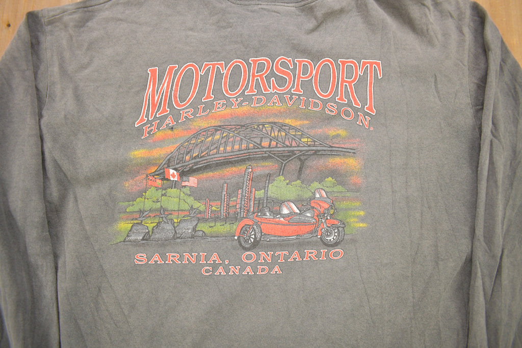 Vintage 1990s Harley Davidson Motorcycles Sarnia Ontario Long Sleeve Henley T-Shirt