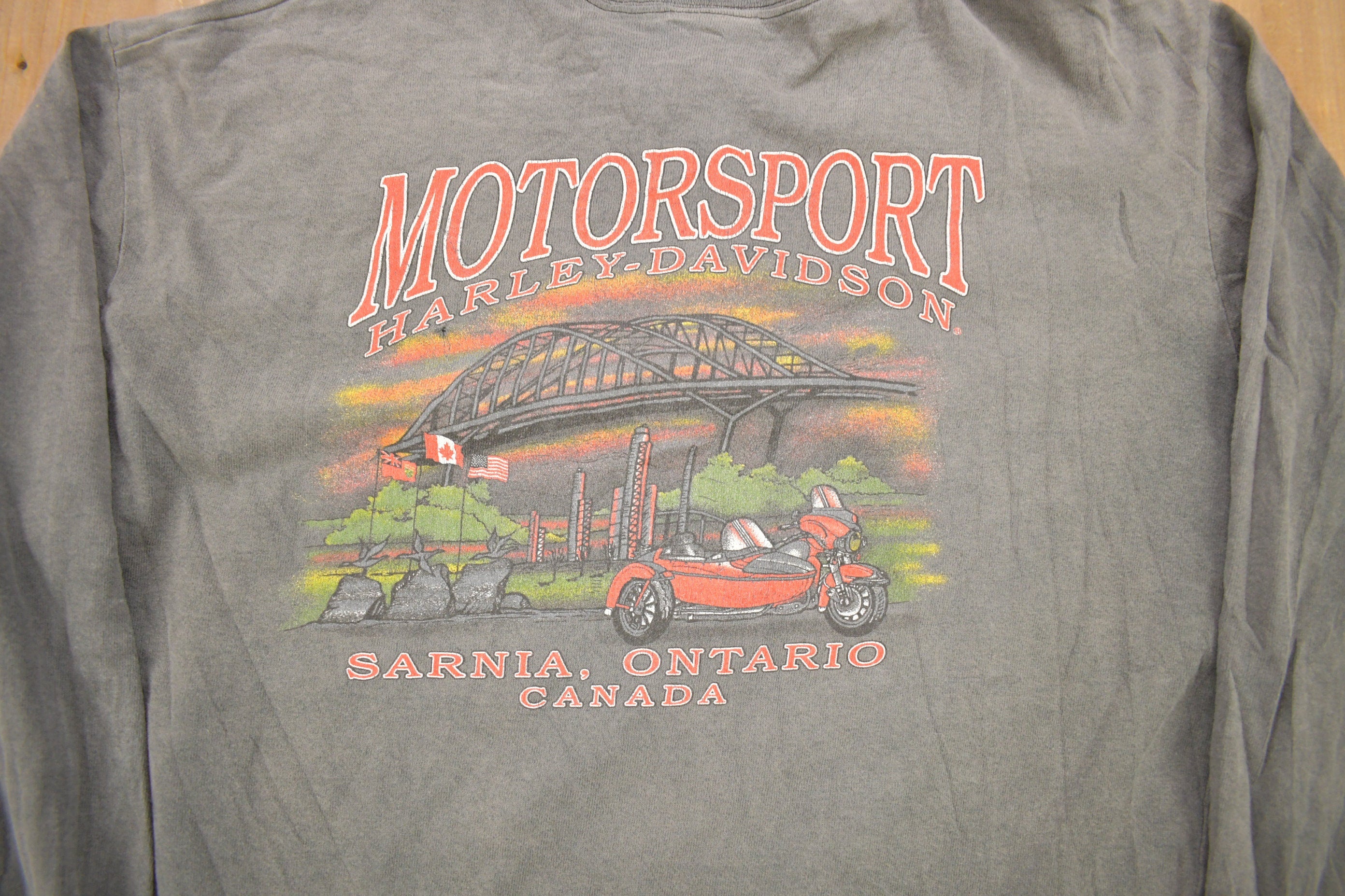 Vintage 1990s Harley Davidson Motorcycles Sarnia Ontario Long Sleeve Henley T-Shirt
