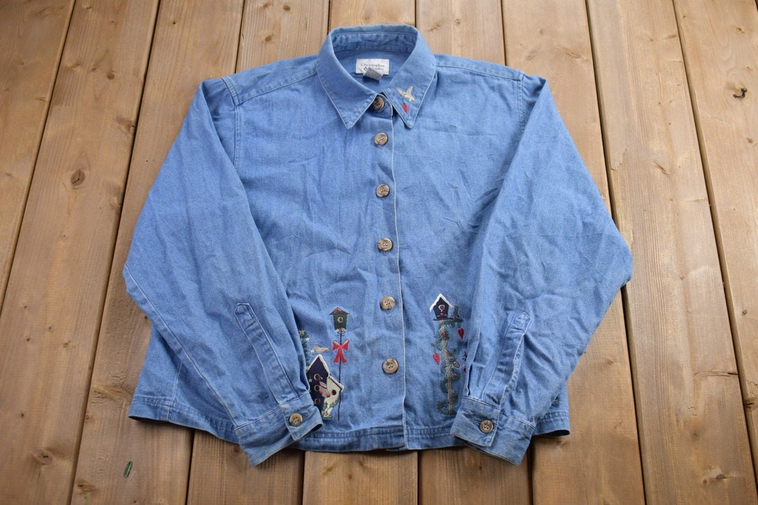 Vintage 1990s Denim Embroidered Button Up Shirt