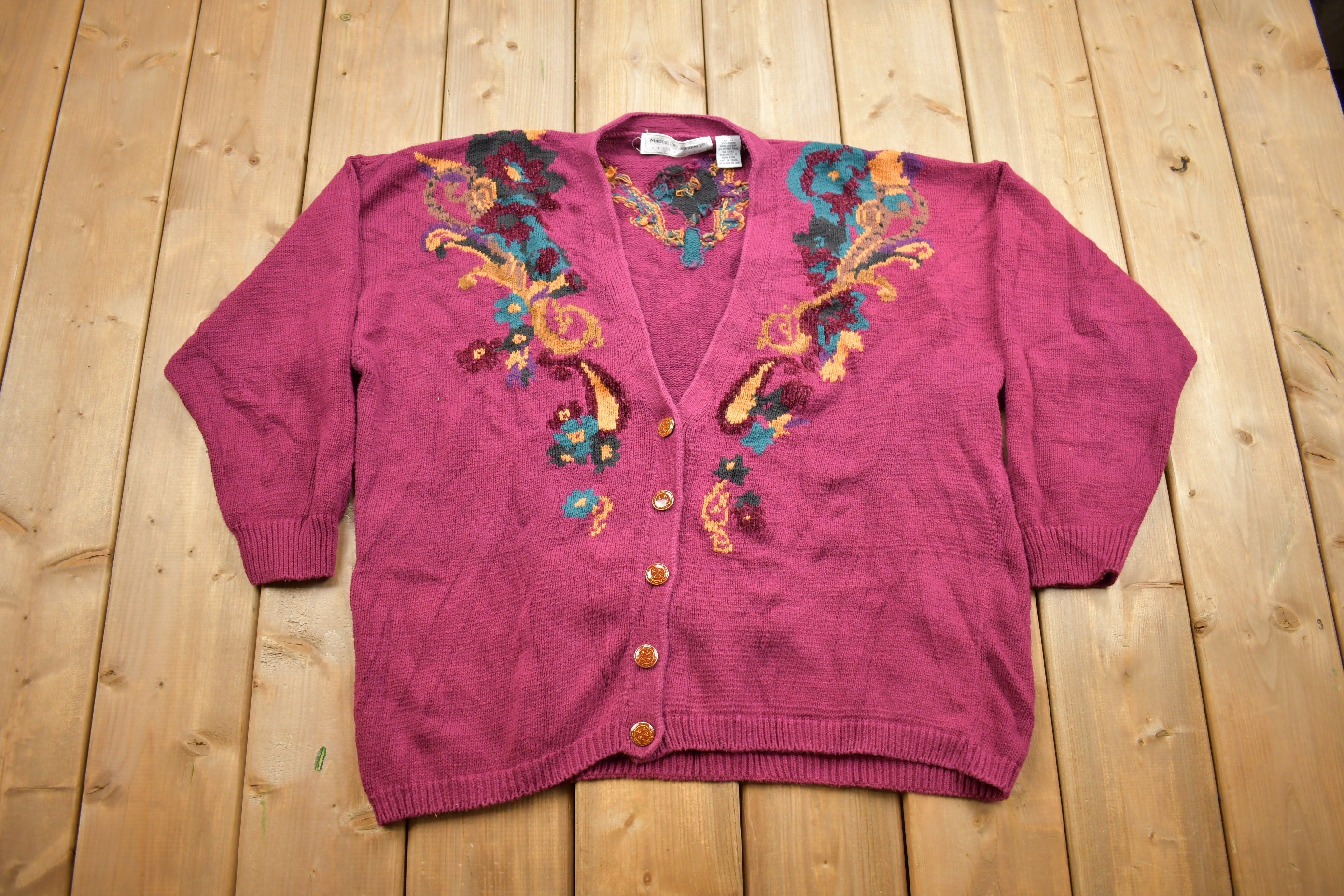 Vintage 1990s Maggie Lawrence Floral Paisley Knitted Cardigan Sweater