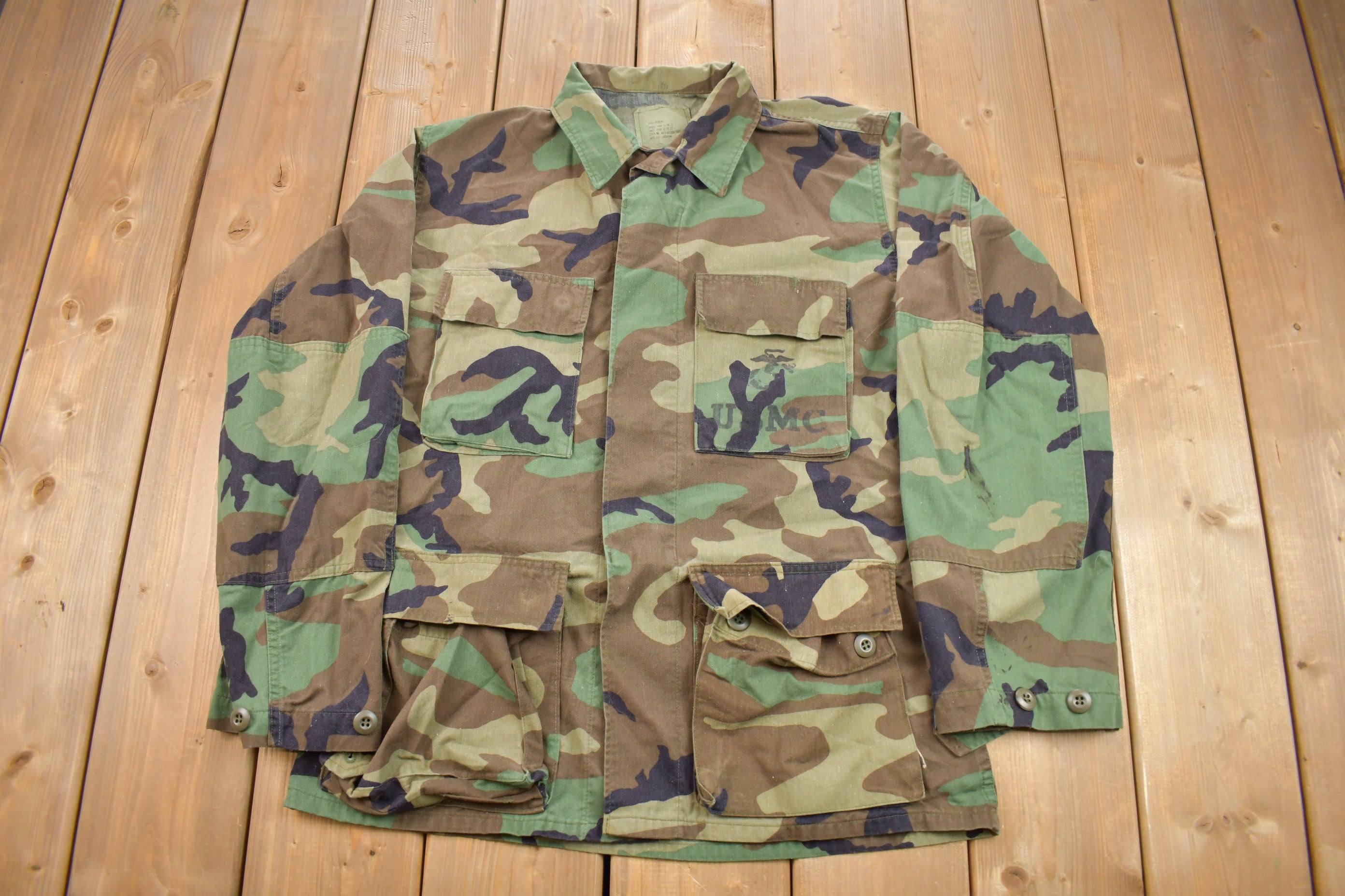 Vintage 1986 Woodland Camo Military Button Up Shirt