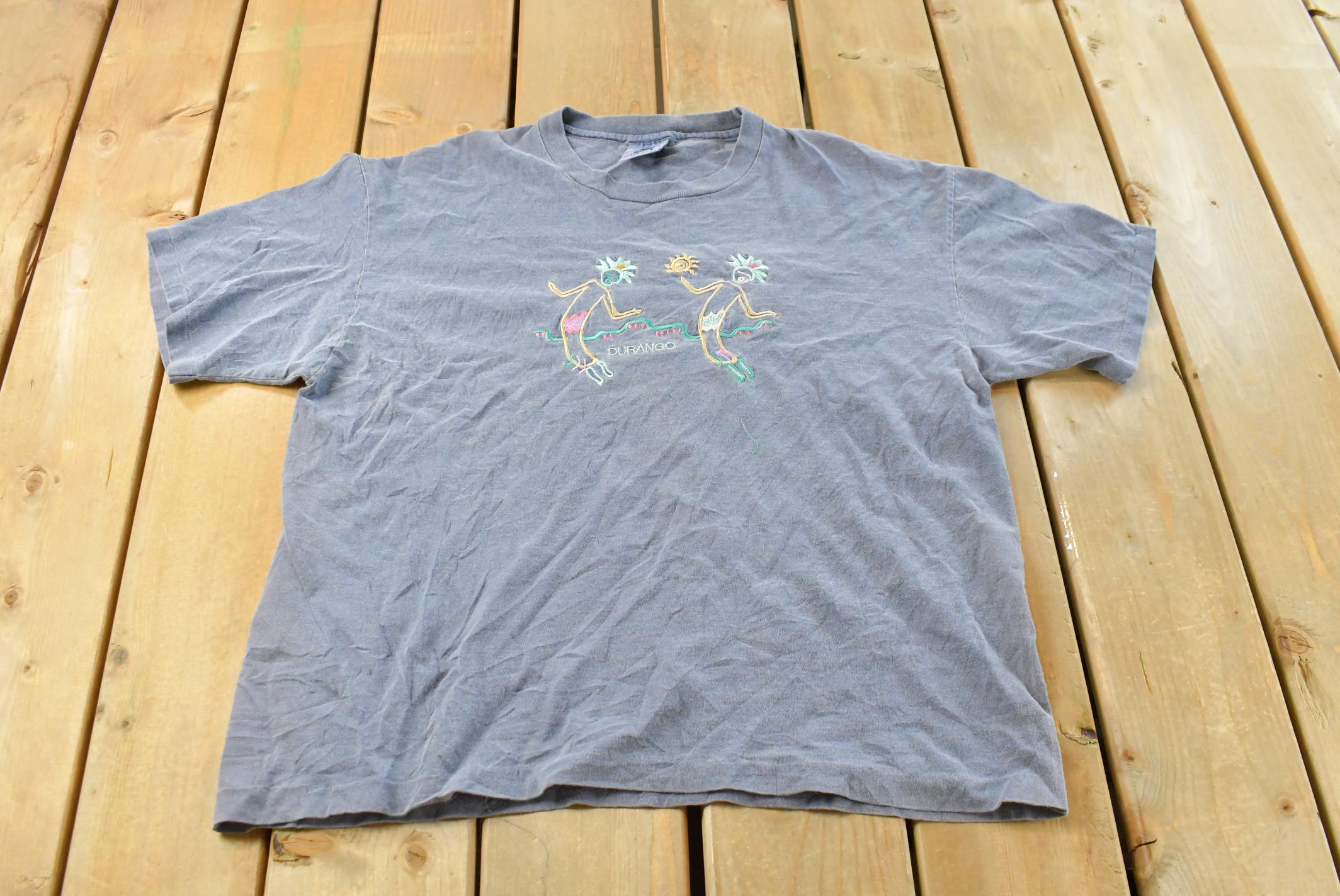 Vintage 1990s Kokopelli Navajo Art Graphic Durango T Shirt Men's / Single Stitch / Embroidered / Indigenous Graphic T Shirt / Made in USA