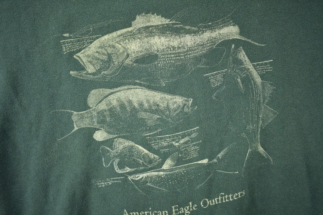 Vintage 1990s American Eagle Outfitters Fish Graphic Outdoorsman Crewneck Sweatshirt Size XL
