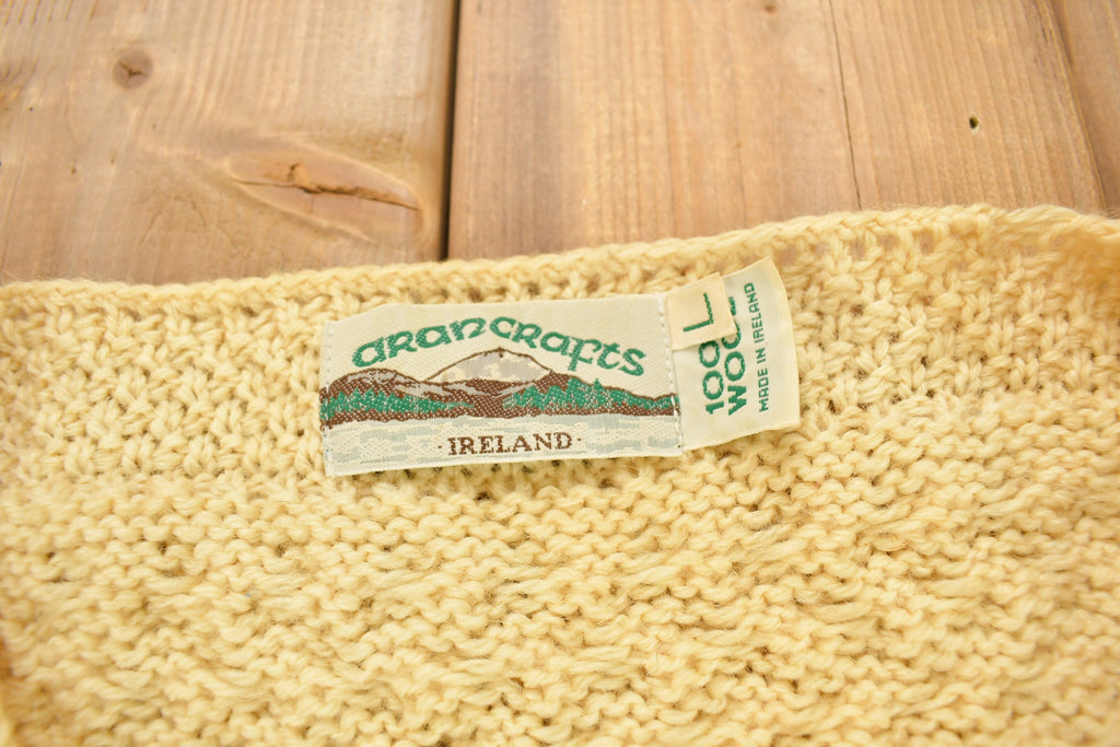 Vintage 1990s Aran Crafts 100% Wool 3D Cable Knit Cardigan Sweater