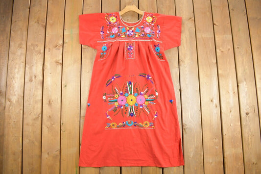 Vintage 1960s Hand Embroidered Mexican Dress / Rainbow Flowers / True Vintage / Retro Womenswear / Cottage Core Dress / Peasant Dress