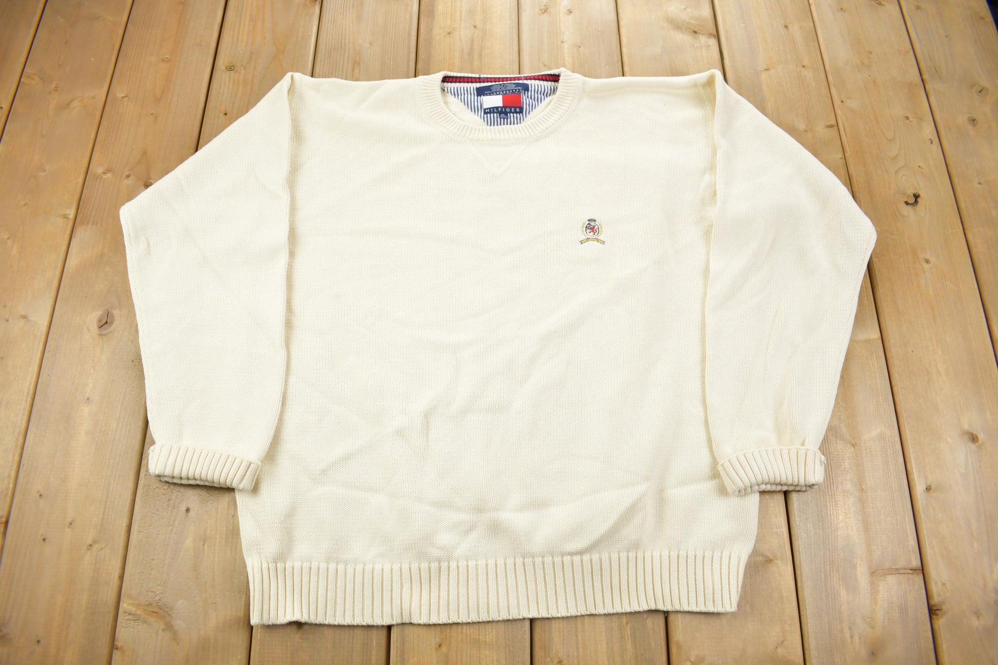 Vintage 1990s Tommy Hilfiger Embroidered Knitted Sweater  Vintage 90s Crewneck  Vintage Tommy  Cream Knit