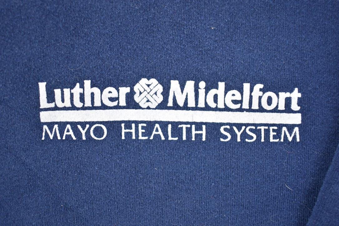 Vintage 1990s Luther Midelfort Russell Athletics Navy Crewneck Sweatshirt