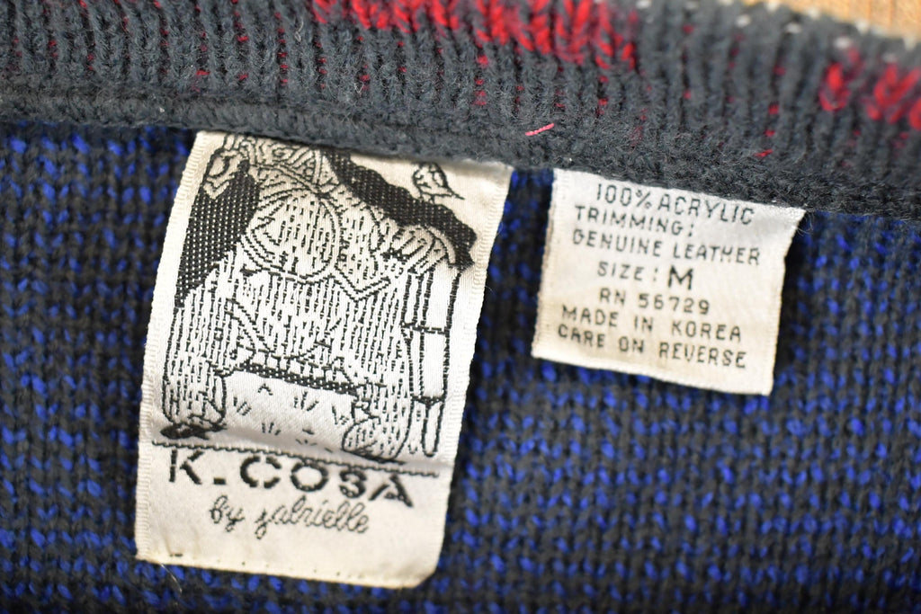 Vintage 1990s K Cosa Leather Patch Abstract Knit Crewneck Sweater Men's L / 90s Knitted Sweatshirt / Vintage Preppy Knits