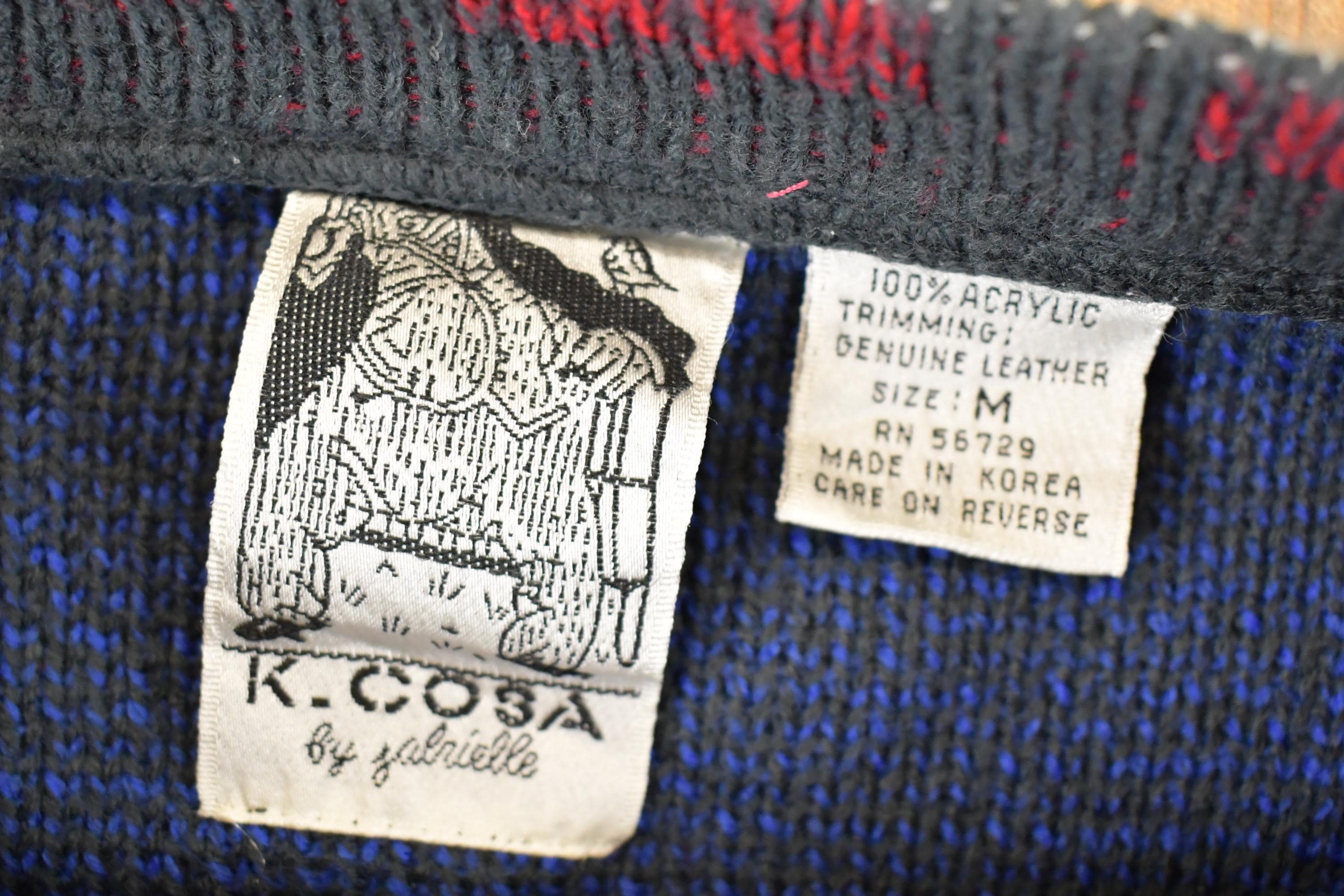 Vintage 1990s K Cosa Leather Patch Abstract Knit Crewneck Sweater Men's L / 90s Knitted Sweatshirt / Vintage Preppy Knits