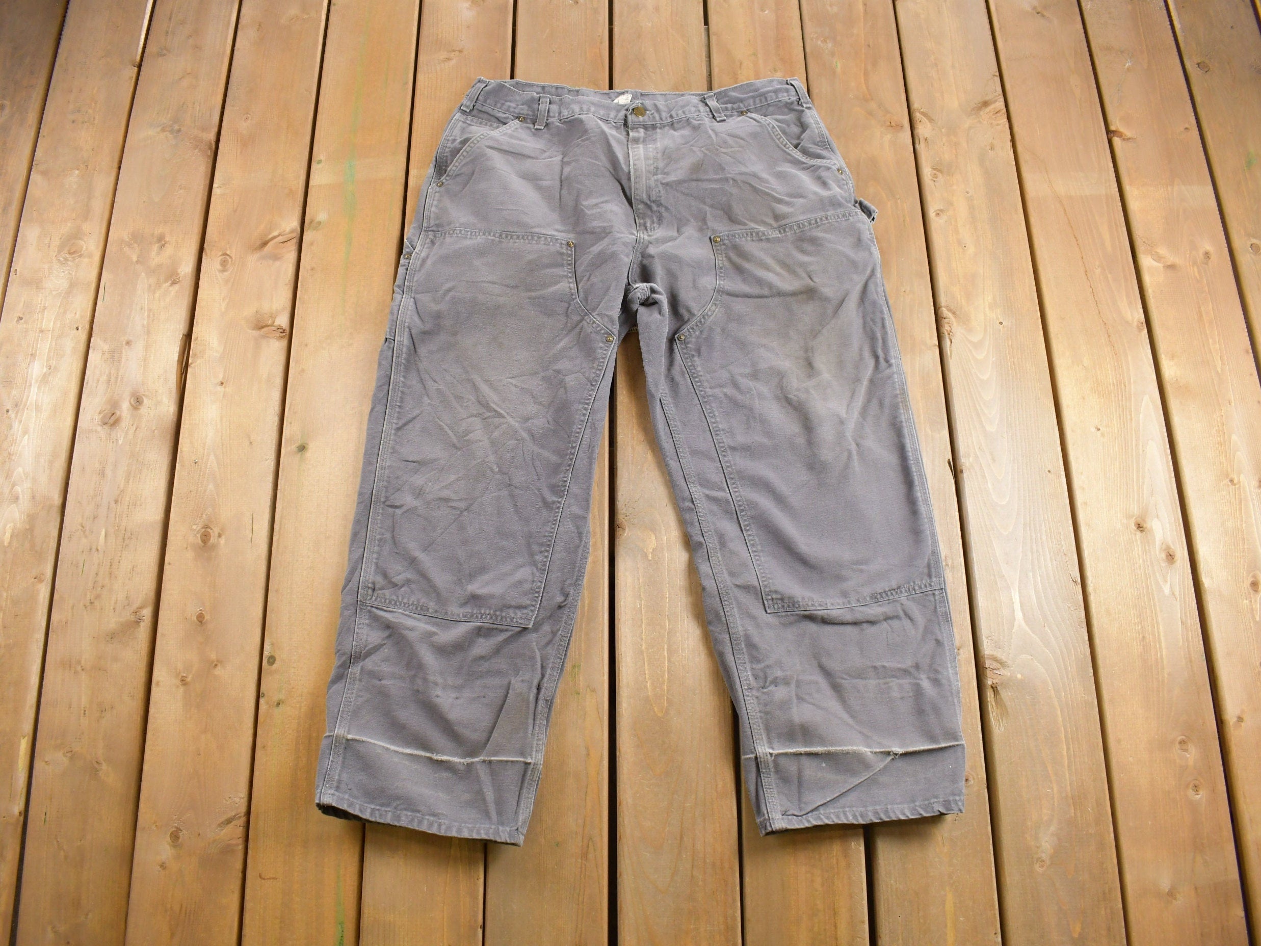 Vintage 1990s Carhartt Grey Double Knee Work Pants Size 38 x 28.5