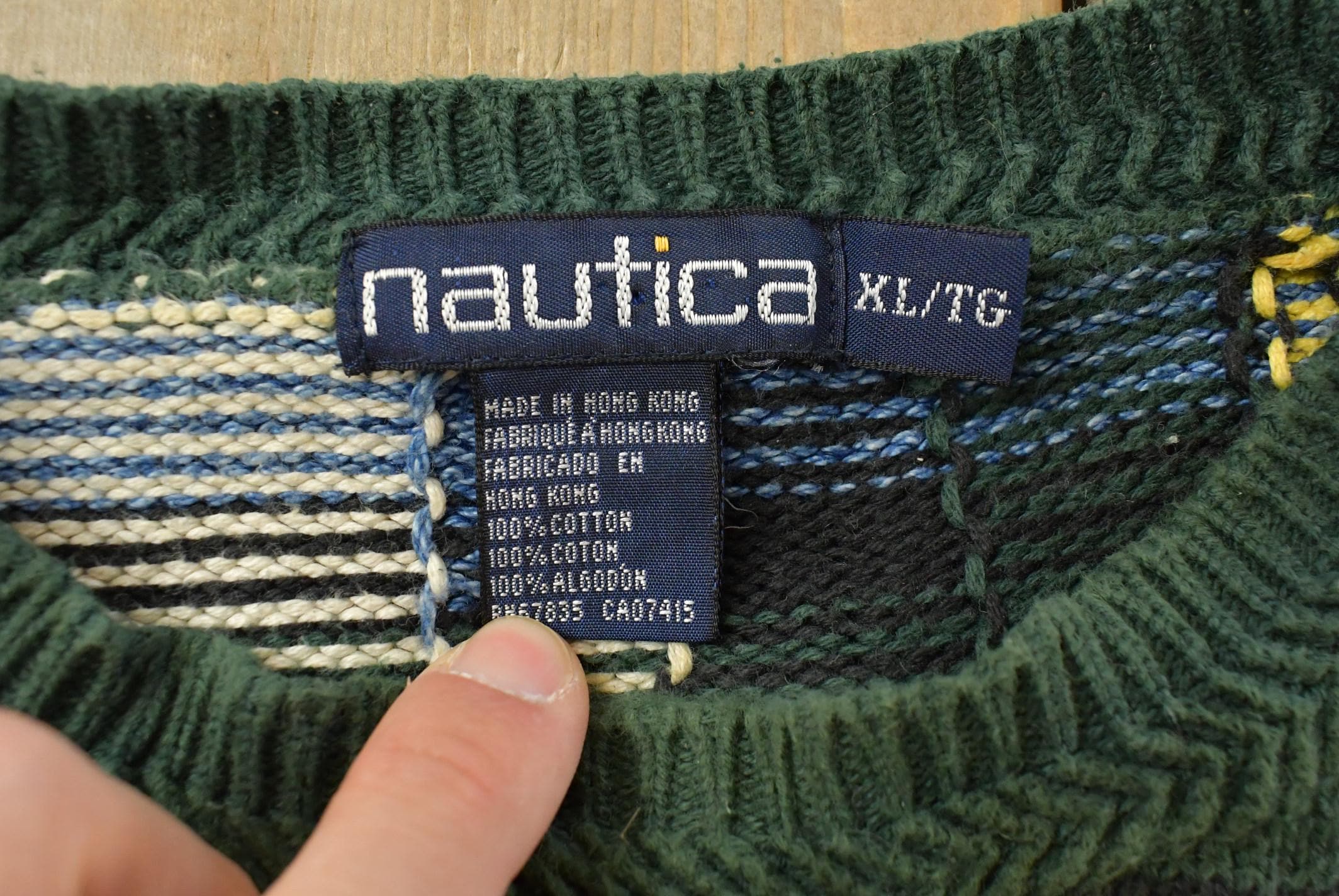 Vintage 1990s Nautica Color Block Plaid Knitted Crewneck Sweater Mens L / Vintage 90s Crewneck / All Over Pattern / Made in Hong Kong