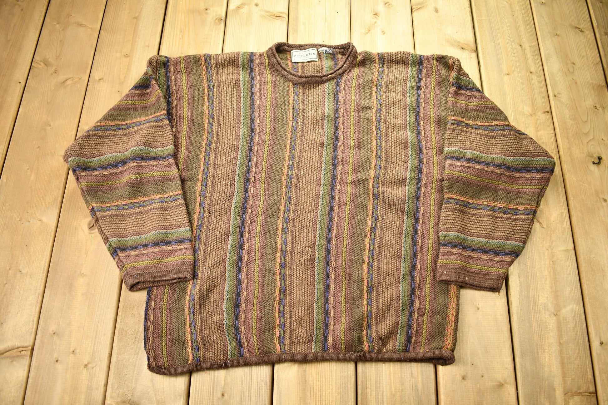 Vintage 1990s Arizona Jean Company 3D Colored Cable Knit Crewneck Sweater /