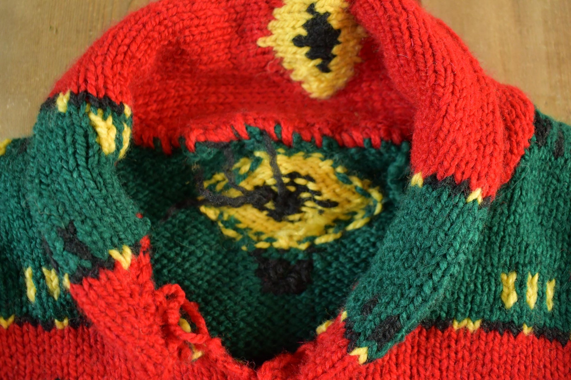 Vintage 1970s 1980s Aztec Shawl Collar Knit Crewneck Sweater Men's Large  70s Hand Knit  Aztec Abstract Pattern