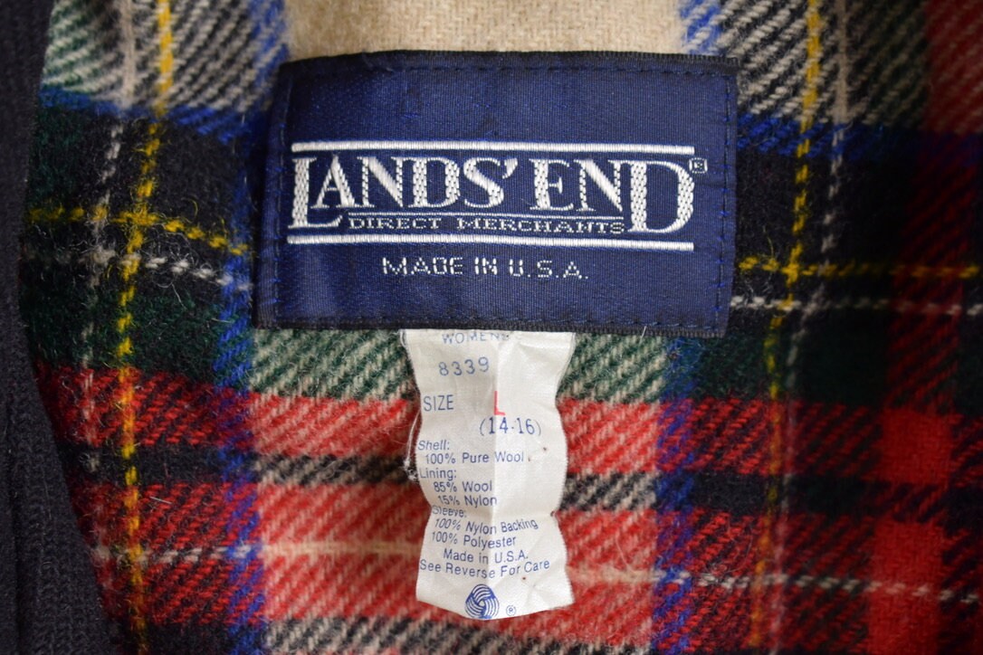 Vintage 1980s Lands End Wool Full Length Over Coat / Made in USA / Long Coat / Vintage Wool Coat / Streetwear / Buffalo Plaid