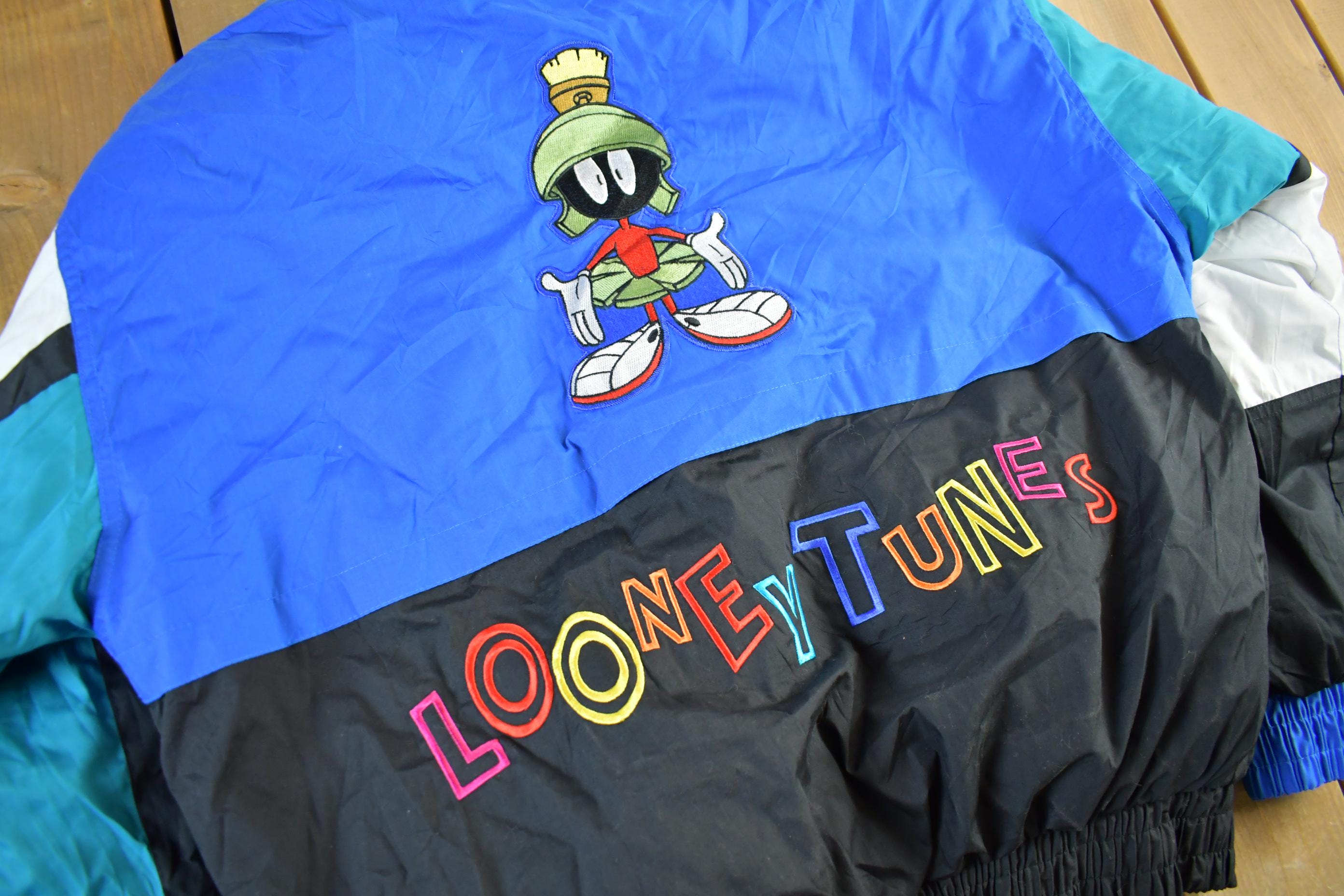 Vintage 1990s Looney Tunes Puffer Jacket Men's Large / Embroidered / Cartoon Print / Marvin the Martian / 90s TV Promo